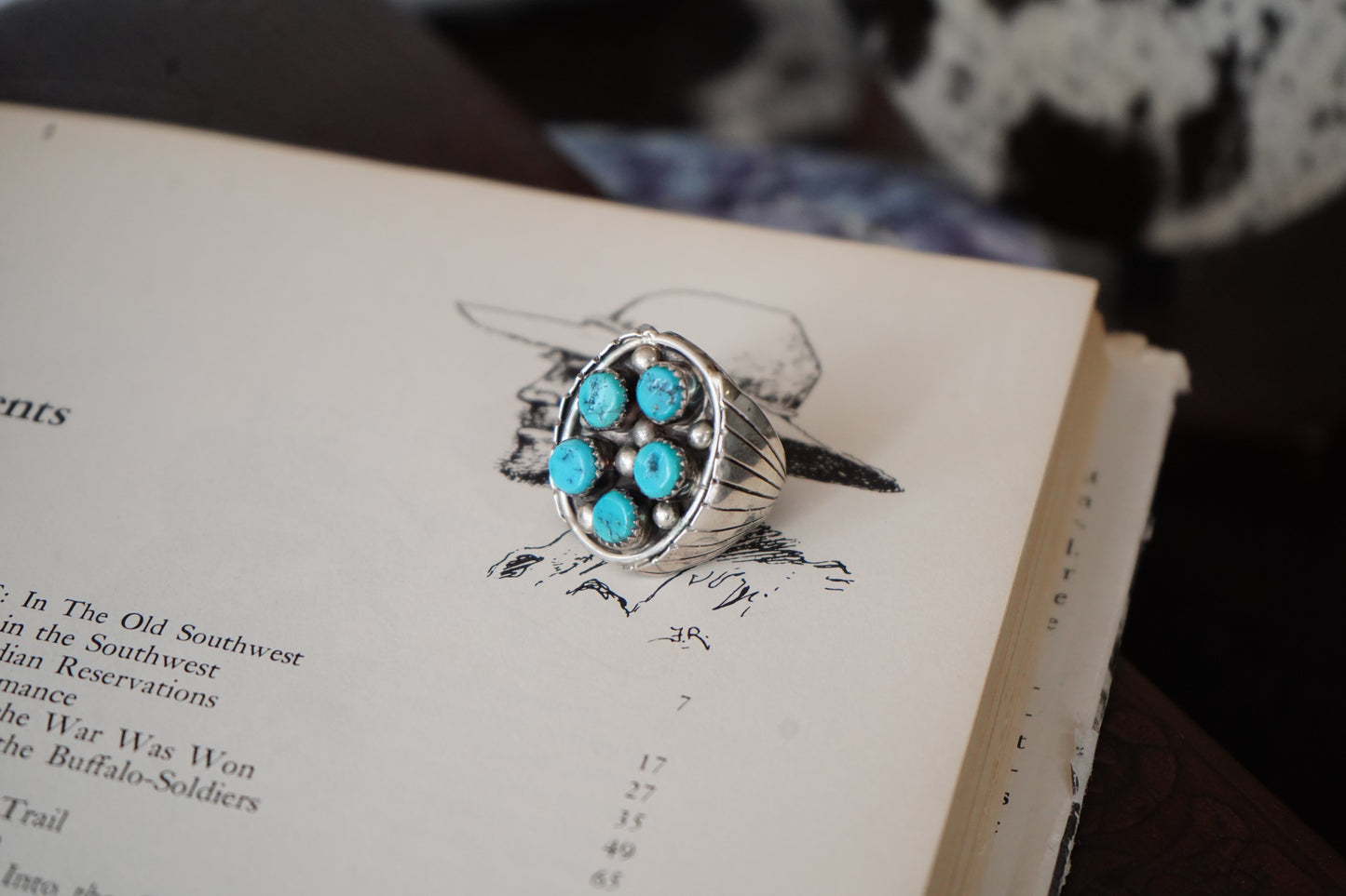 Vintage 4 Stone Turquoise w/ Silver Beads Mens Ring - Sz 9