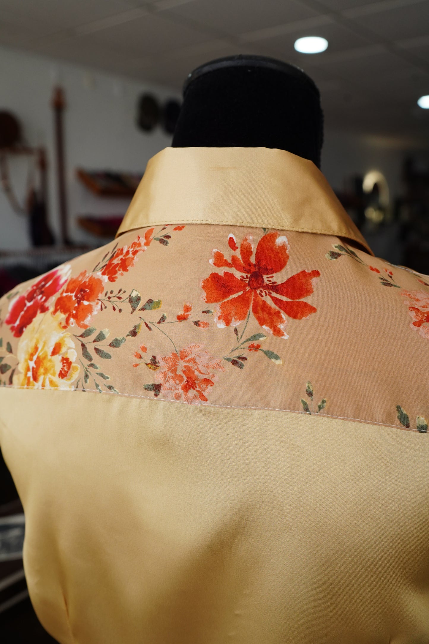 M - Tan w/ Red Flowers on Gold Satin Button Down