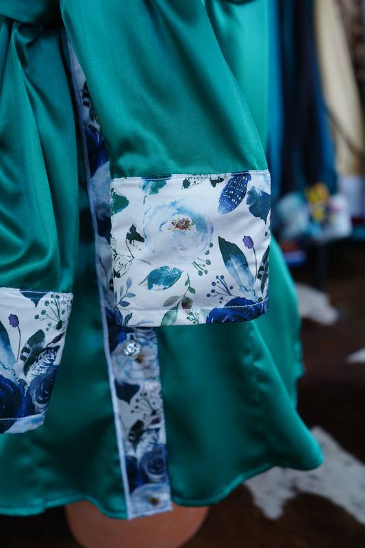 M - Navy Feather Floral on Emerald Satin Button Down