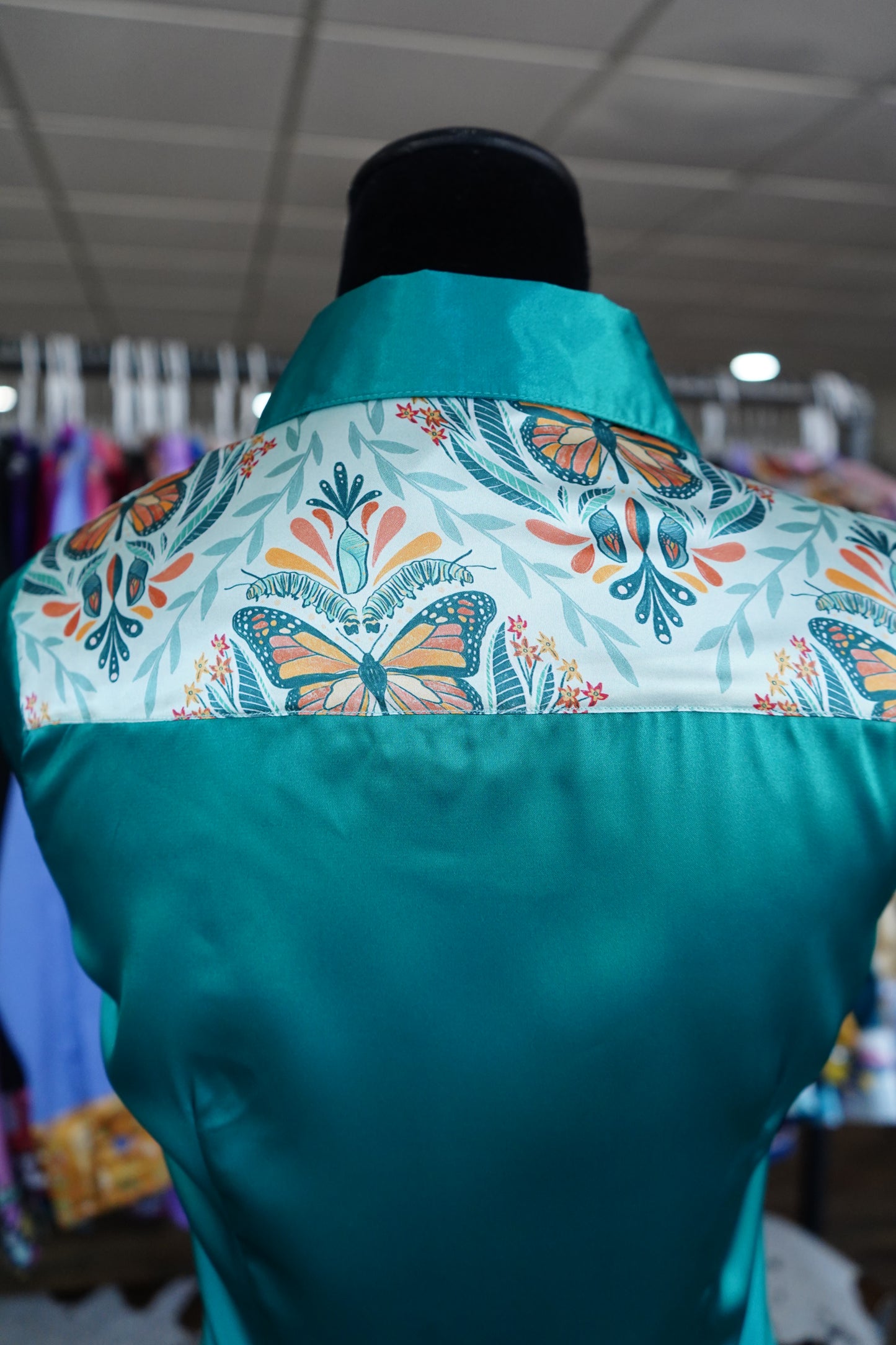 S - Emerald Monarch Life on Emerald Satin Button Down