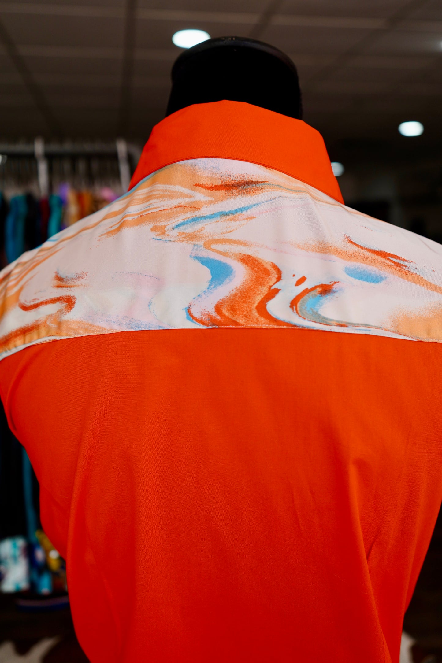 L - Orange & Blue Oil-spill on Orange Cotton Button Down