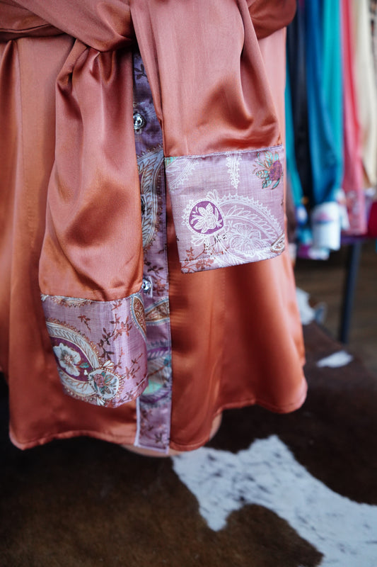 L - Mauve Boho Paisley on Rust Satin Button Down