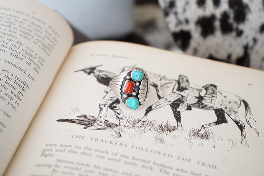 Vintage Turquoise & Red Coral Mens Ring - Sz 11