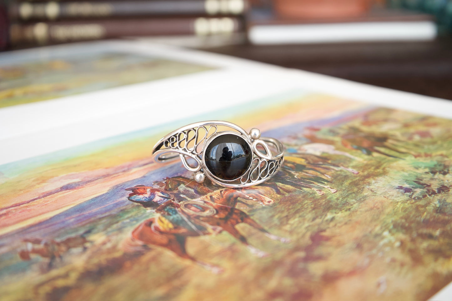 Vintage Black Onyx Folded Silver Cuff