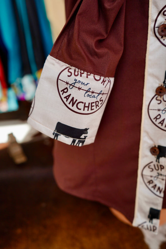 M - Support Your Local Ranchers on Brown Cotton Button Down