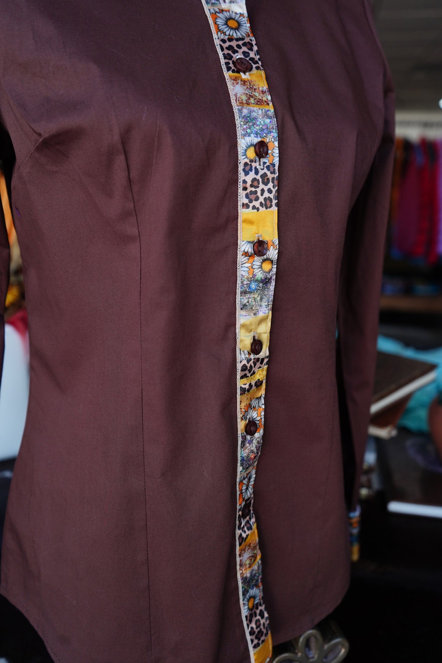L - Brown Cotton w/ Cheetah Sunflower Stripes Button Down