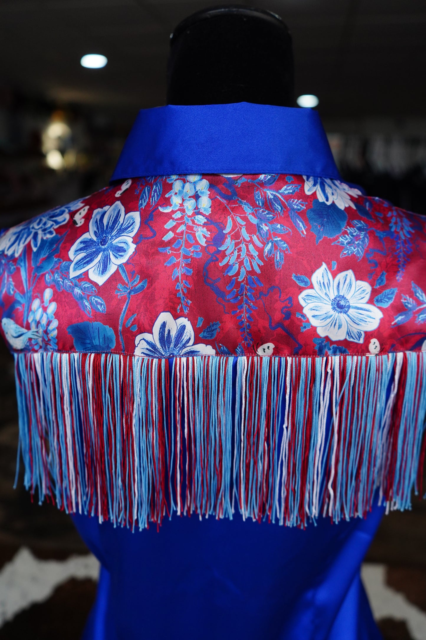 L - Sketched Deep Patriotic Floral on Royal Blue Satin Button Down w/ 3 Layer Fringe