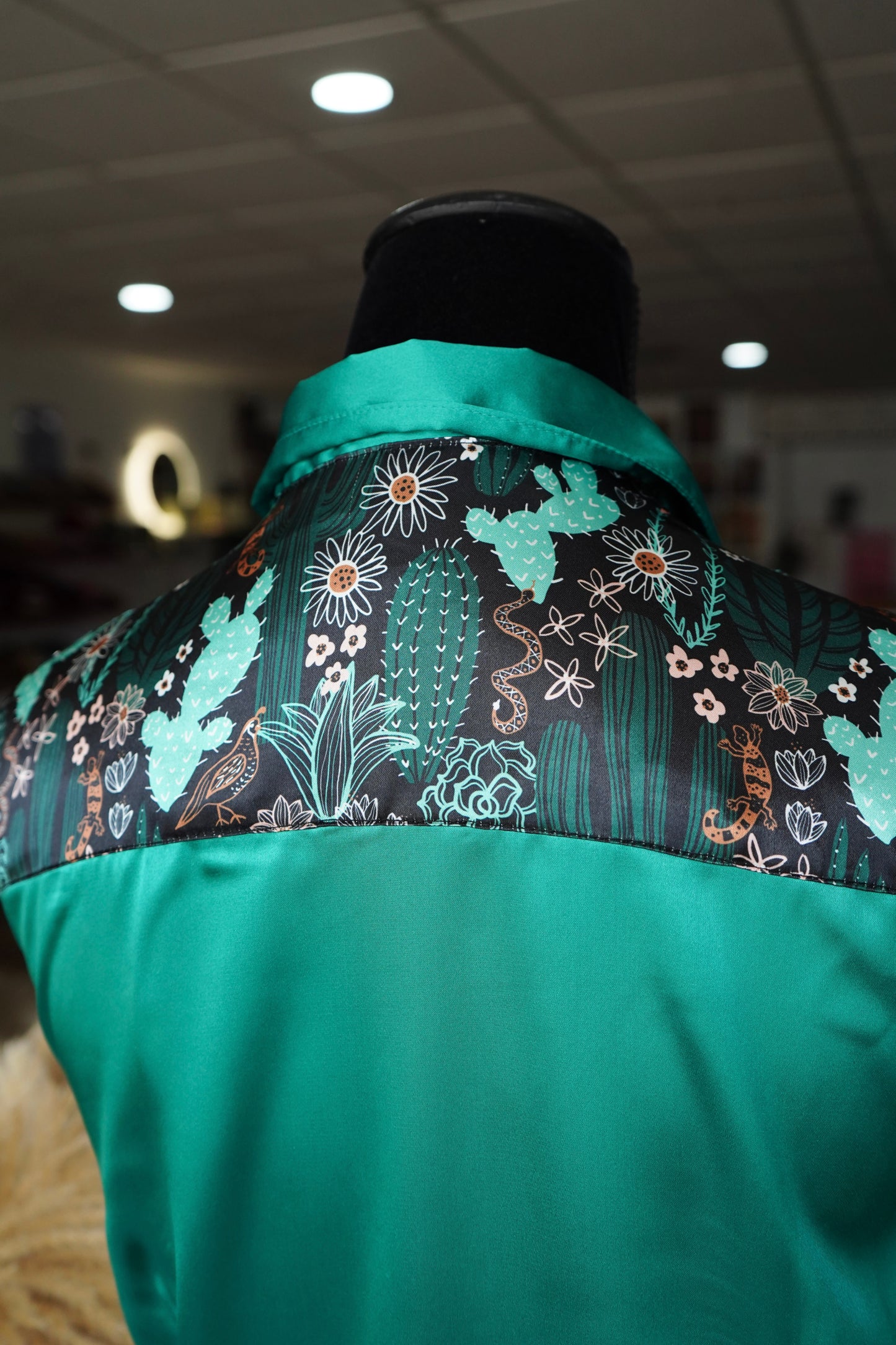 L - Black & Turquoise Cactus on Emerald Button Down