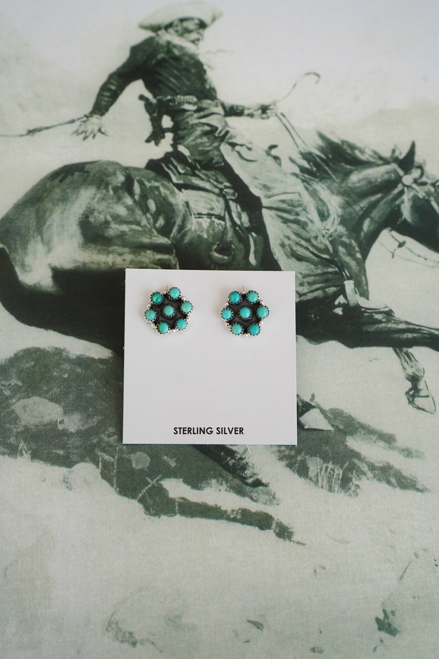7 Stone Kingman Turquoise Flower Stud Earrings