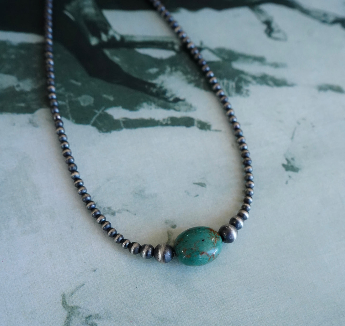 Graduated Sterling Silver Pearls w/ Turquoise Stone Necklace - 18”