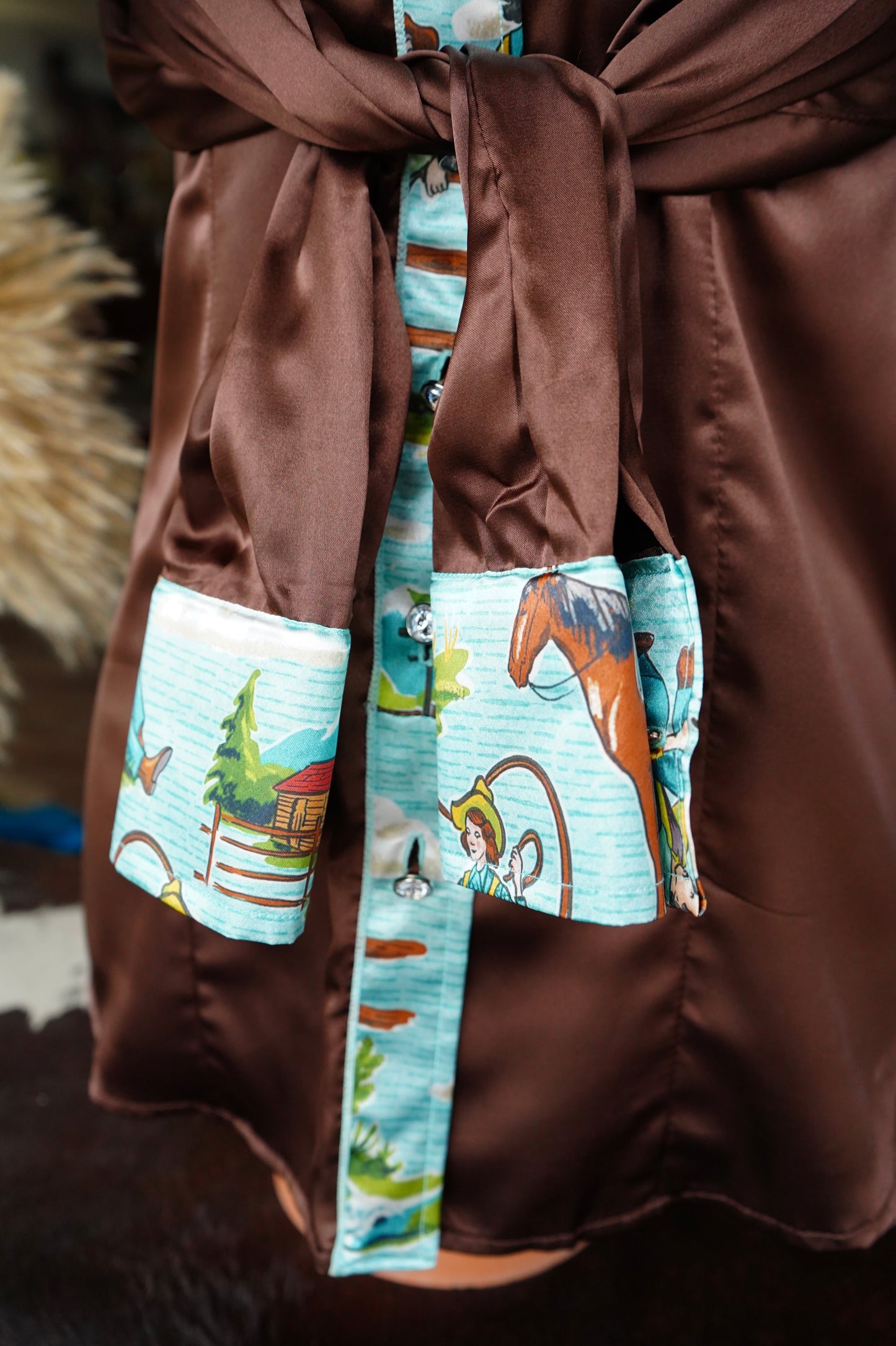 L - Turquoise Cowboy Scene on Brown Button Down