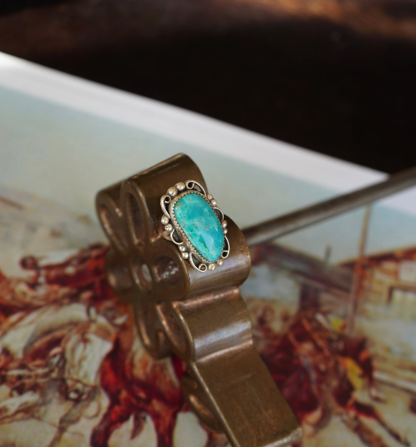 Blue Turquoise Ring w/ Swirl Beaded Border - Sz 7.5