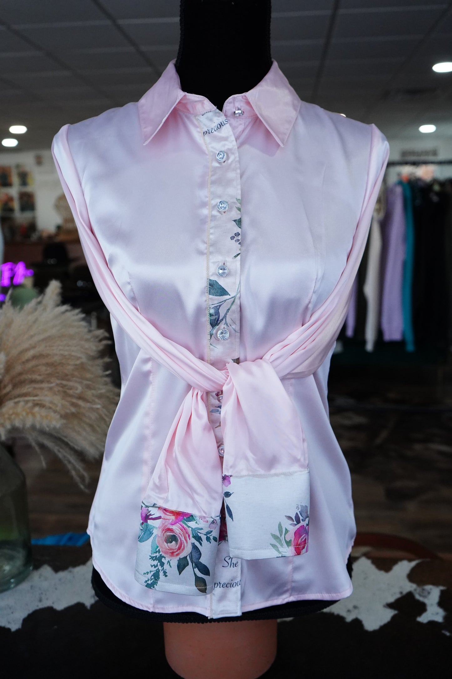 M - Tan Verses on Light Pink Satin Button Down