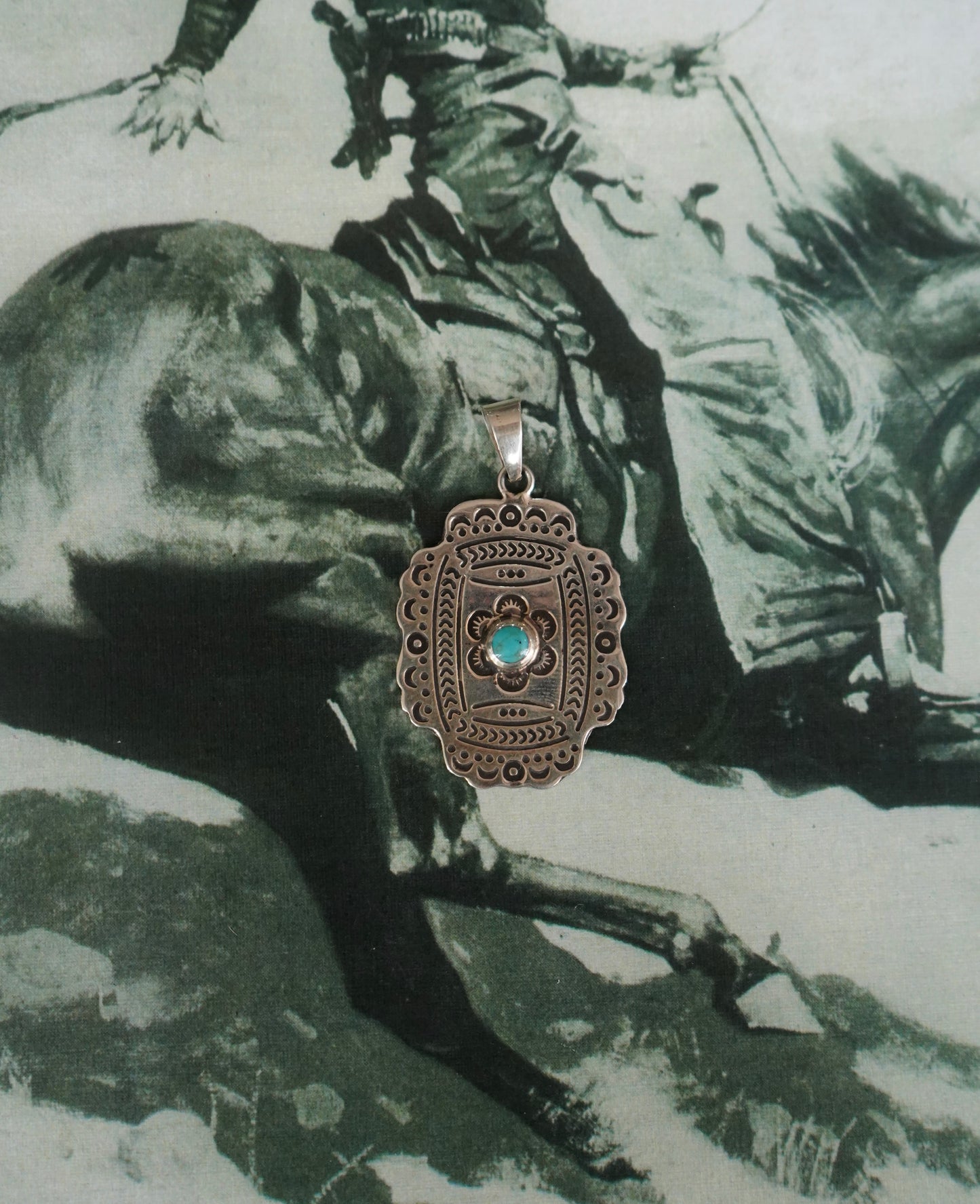 Stamped Silver w/ Turquoise Flower Pendant