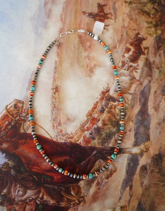 Sterling Silver Pearls w/ Turquoise & Orange Spiny - 18â