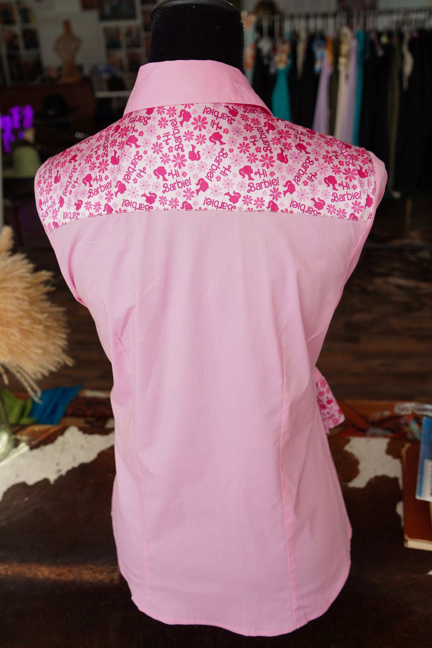 L - Barbie on Light Pink Cotton Button Down