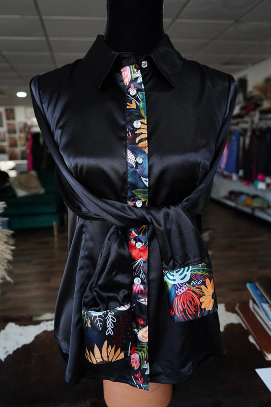 L - Black Painted Wildflowers on Black Satin Button Down