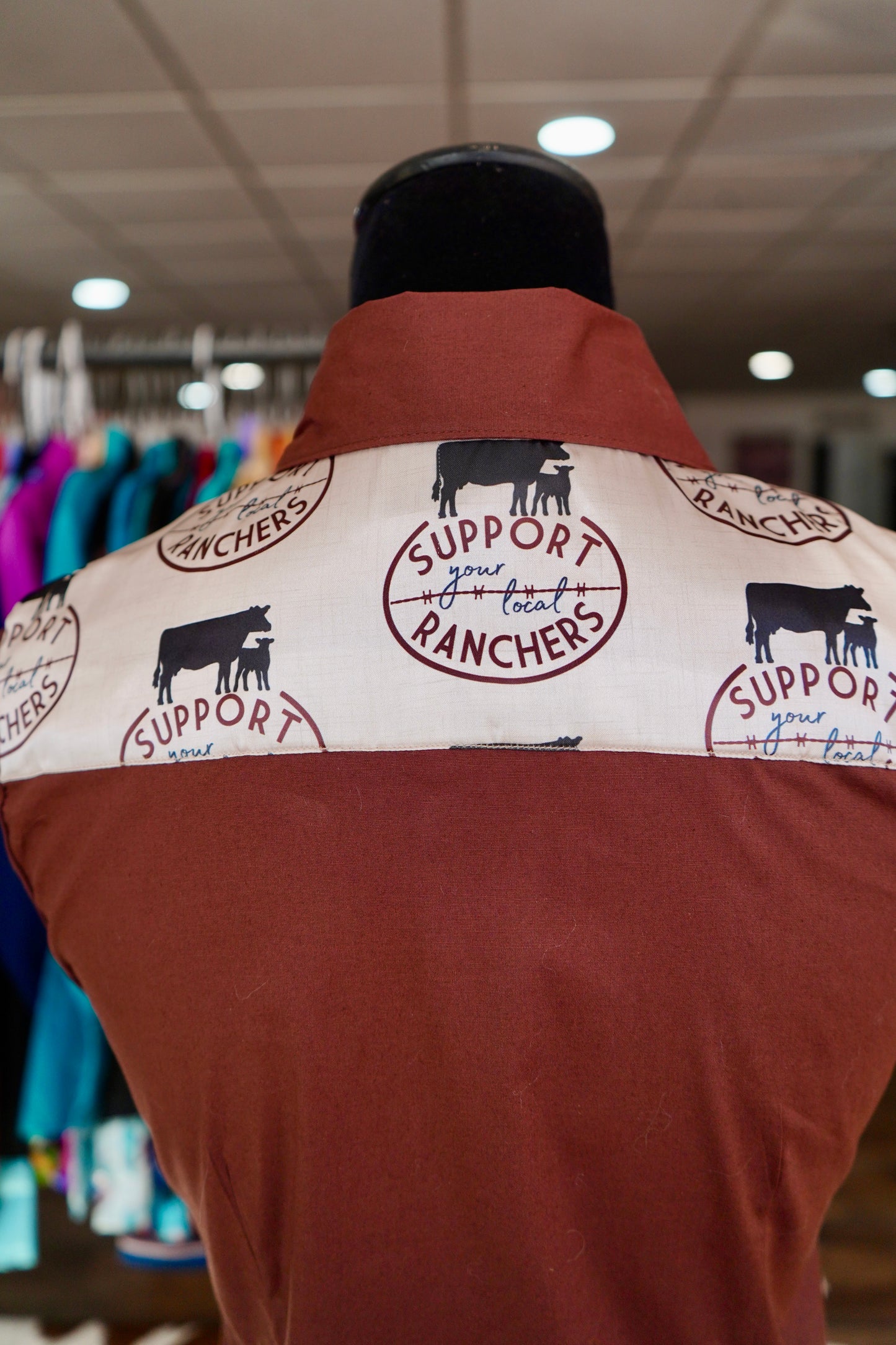 M - Support Your Local Ranchers on Brown Cotton Button Down