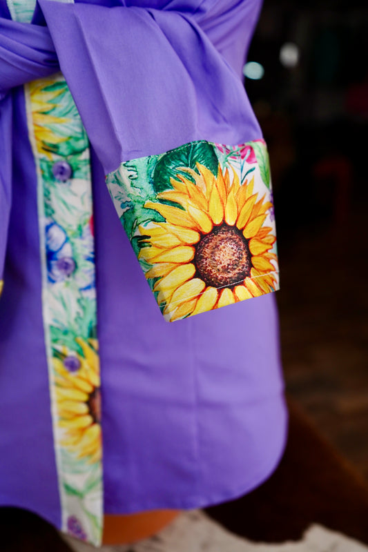 S - Sunflowers & Wildflowers on Lavender Cotton Button Down