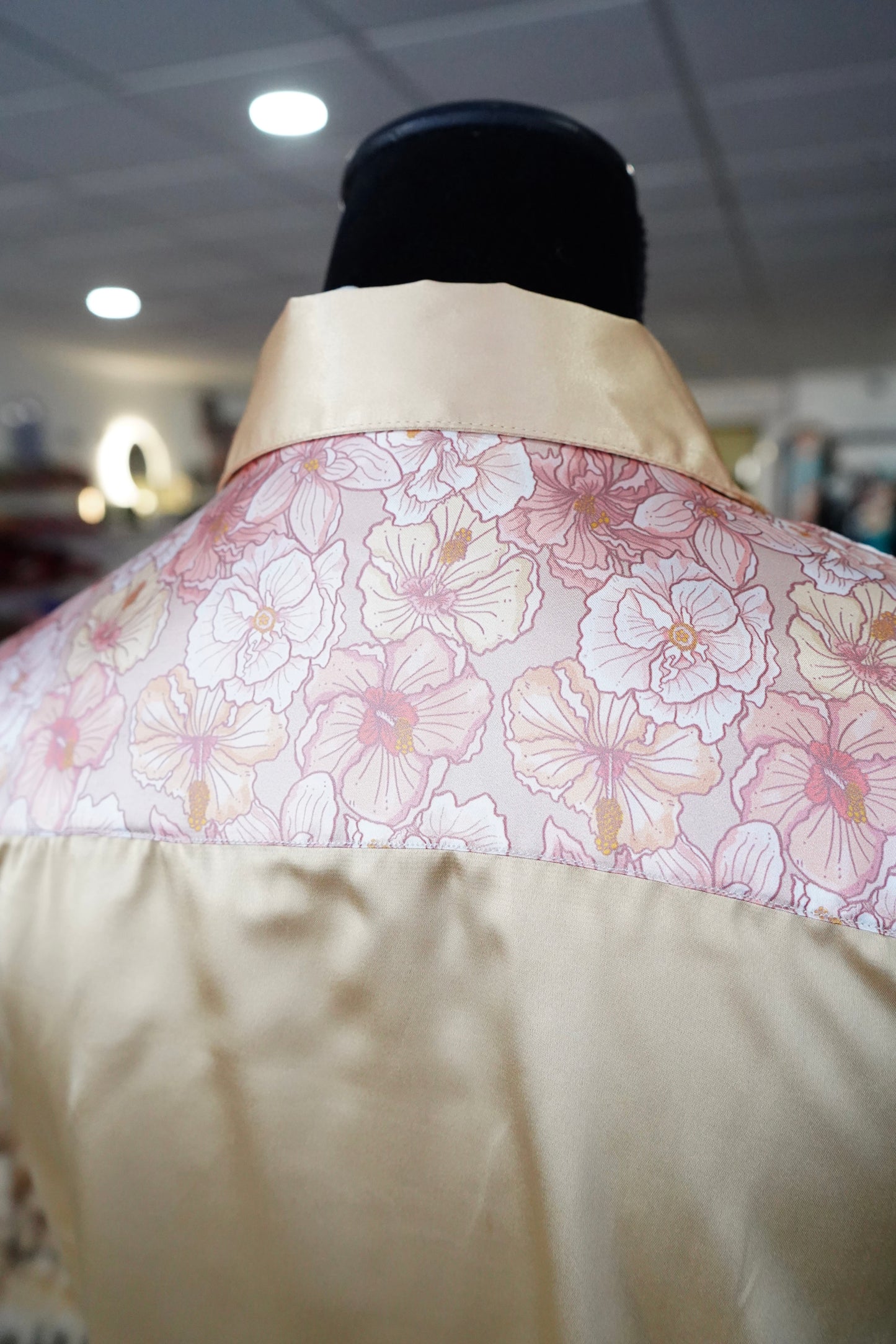 L - Pastel Hibiscus on Gold Satin Button Down