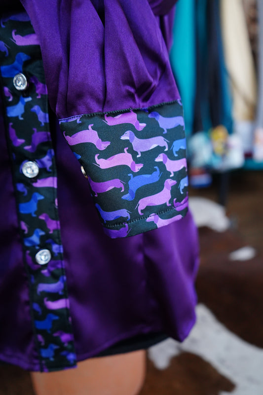 M - Purple Weenie Dawgs on Purple Satin Button Down