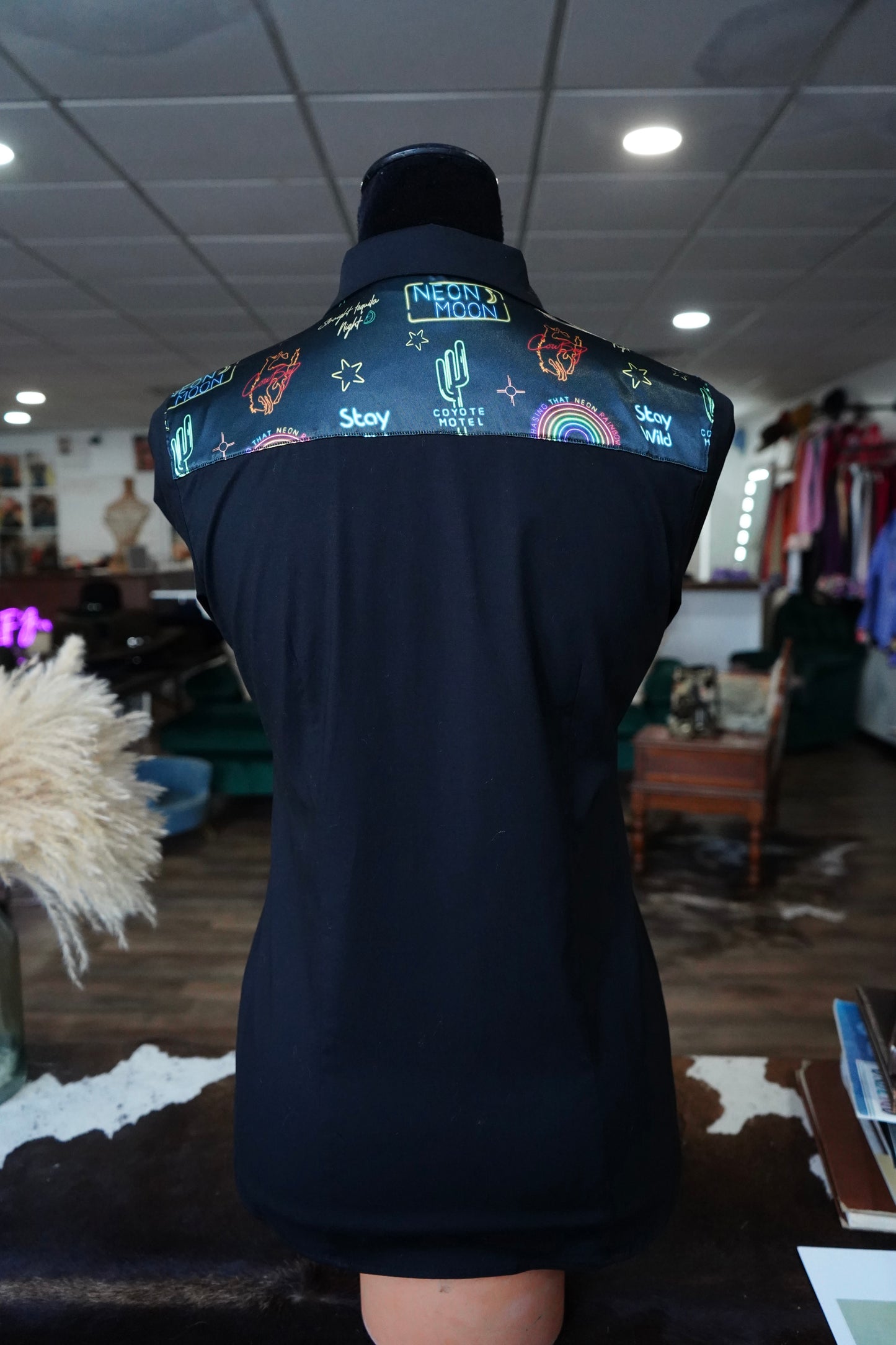 S - Neon Moon on Black Cotton Button Down