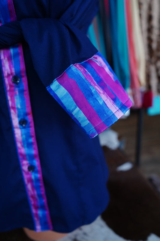 M - Pink & Blue Brushstrokes on Navy Cotton Button Down