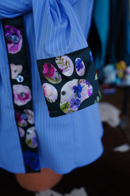 S - Floral Paw Prints on Blue Stripe Cotton Button Down
