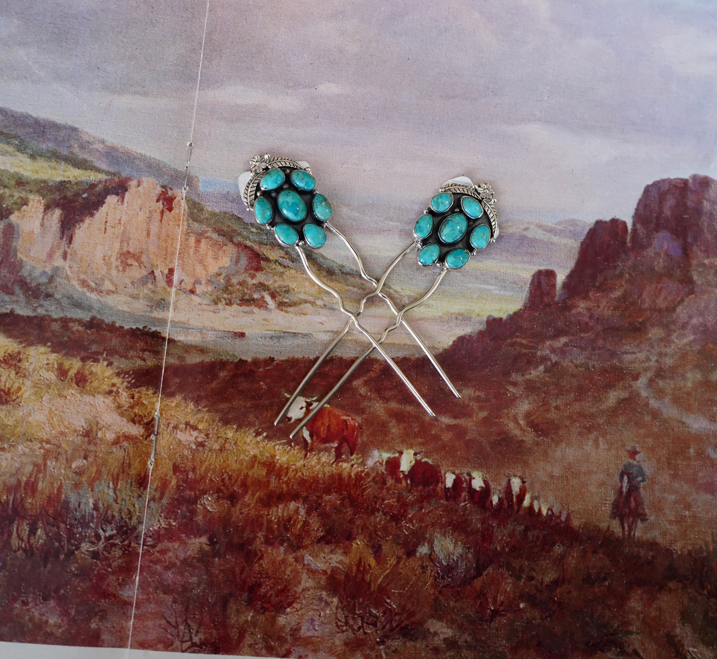Turquoise 7 Stone Hair Pins