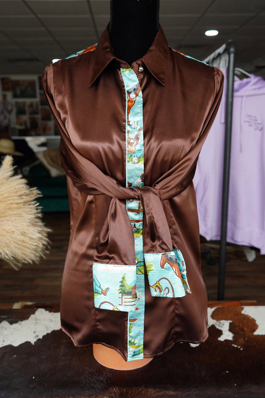 L - Turquoise Cowboy Scene on Brown Button Down