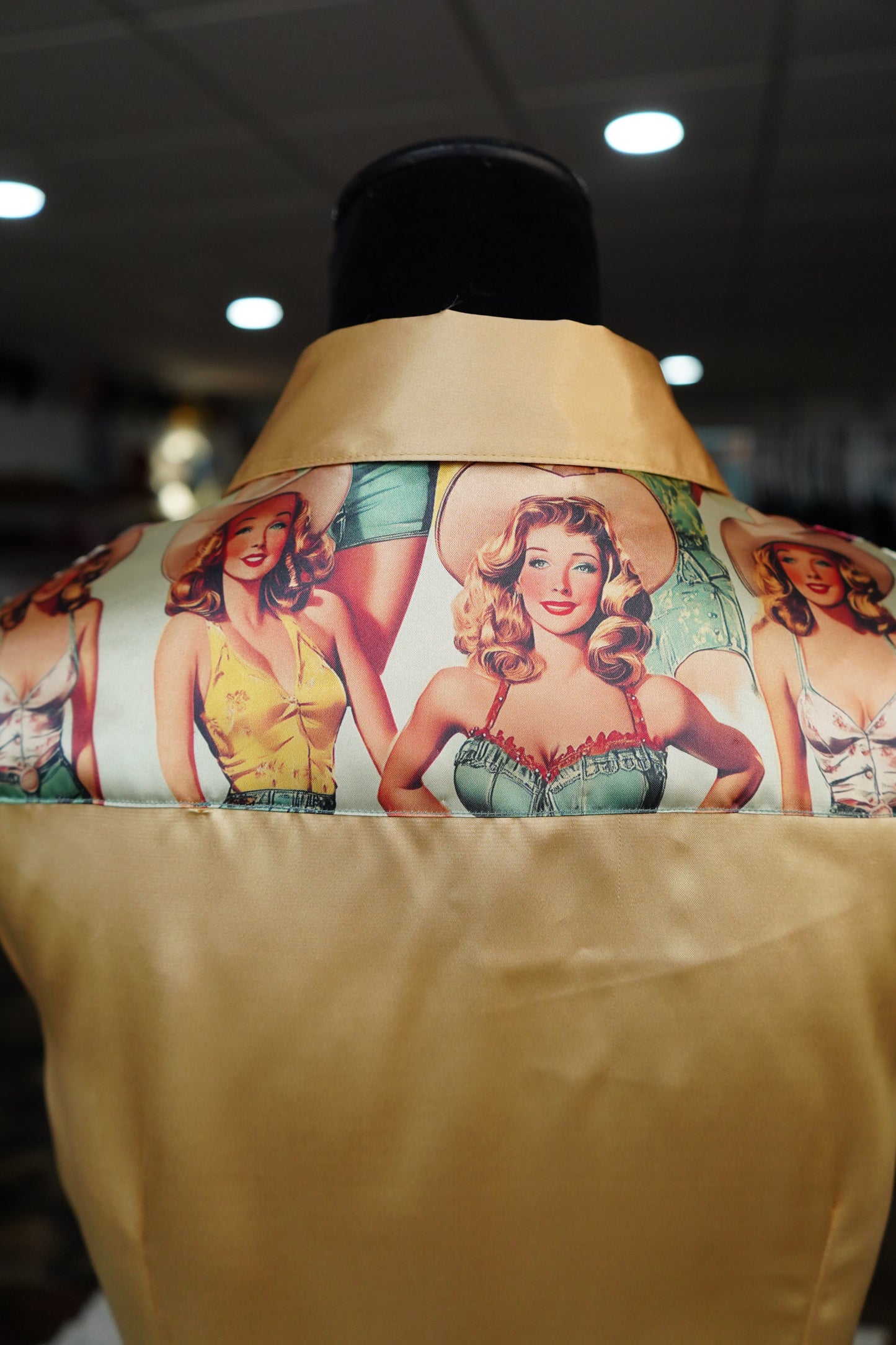 L - Sage Vintage Pinup Cowgals on Gold Satin Button Down