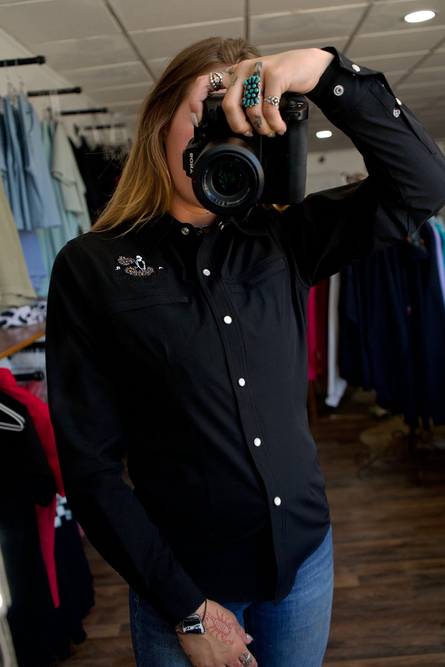 Daisy Gang Fishing Shirt Pearl Snaps - Black Long Sleeves