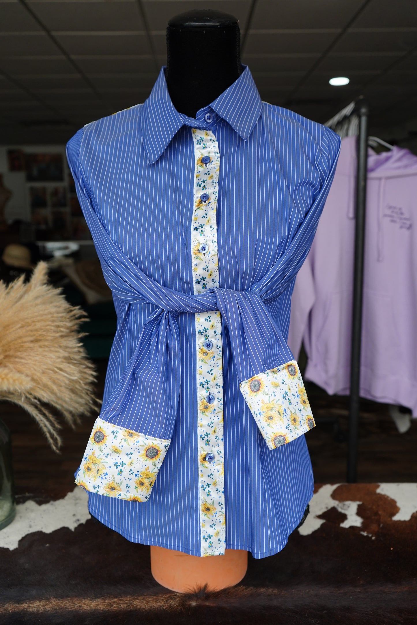 Mini Original Sunflowers on Denim & White Striped Cotton Button Downs