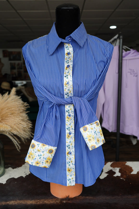 Mini Original Sunflowers on Denim & White Striped Cotton Button Downs