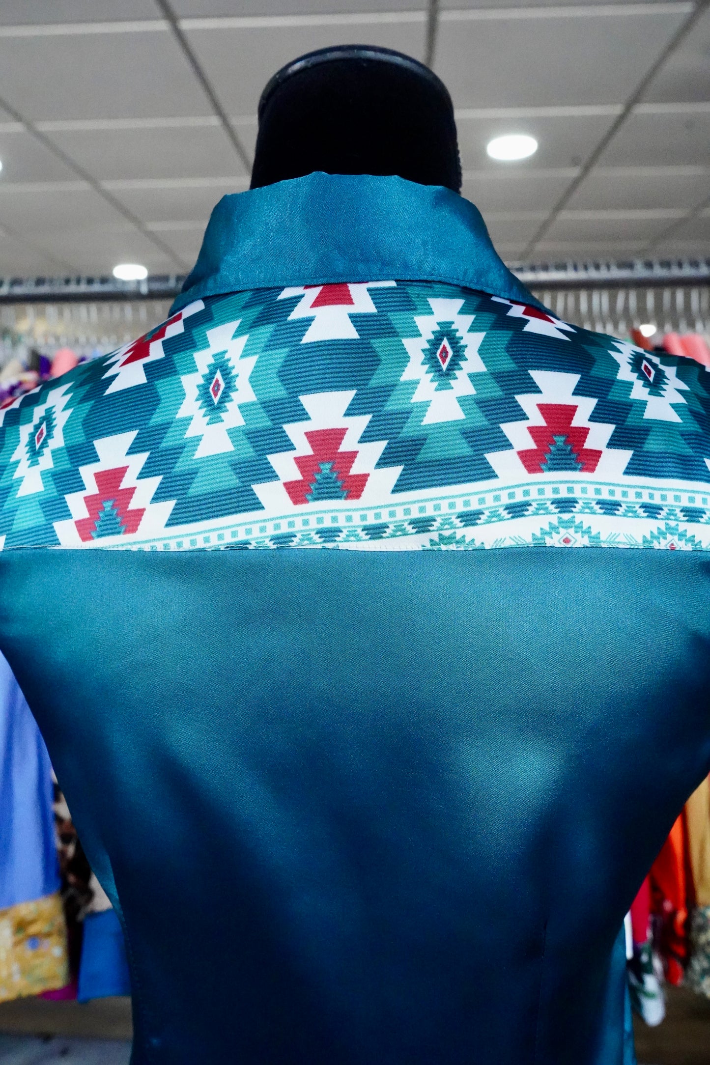 S - Teal Montana Aztec on Teal Satin Button Down