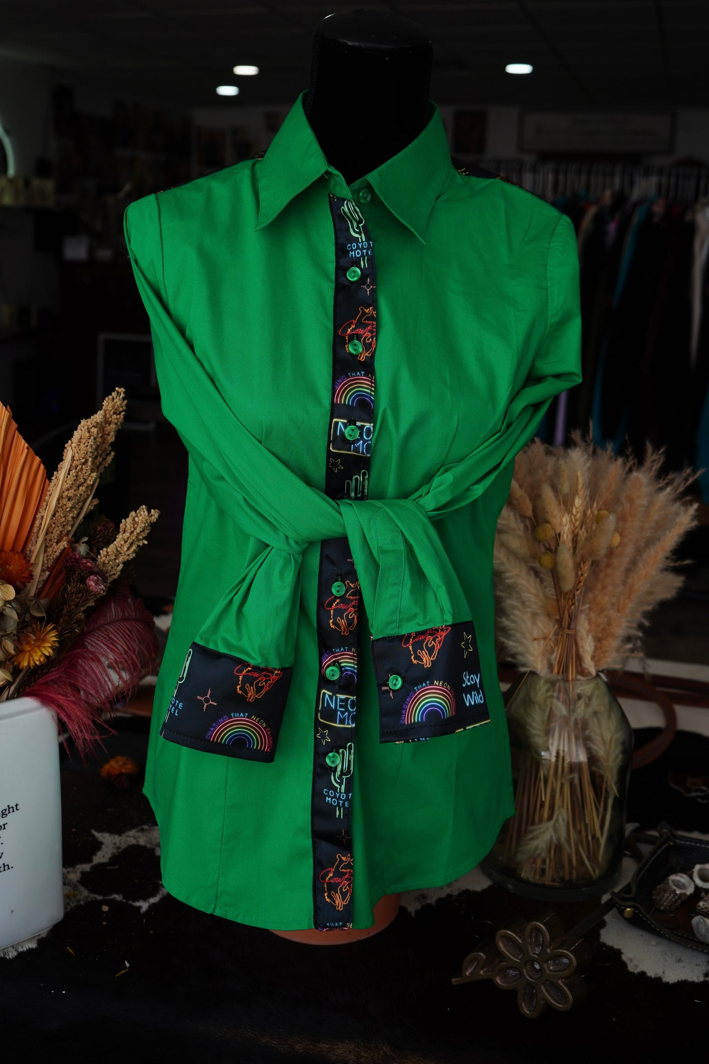 XL - Kelly Green Cotton w/ Neon Moon Button Down