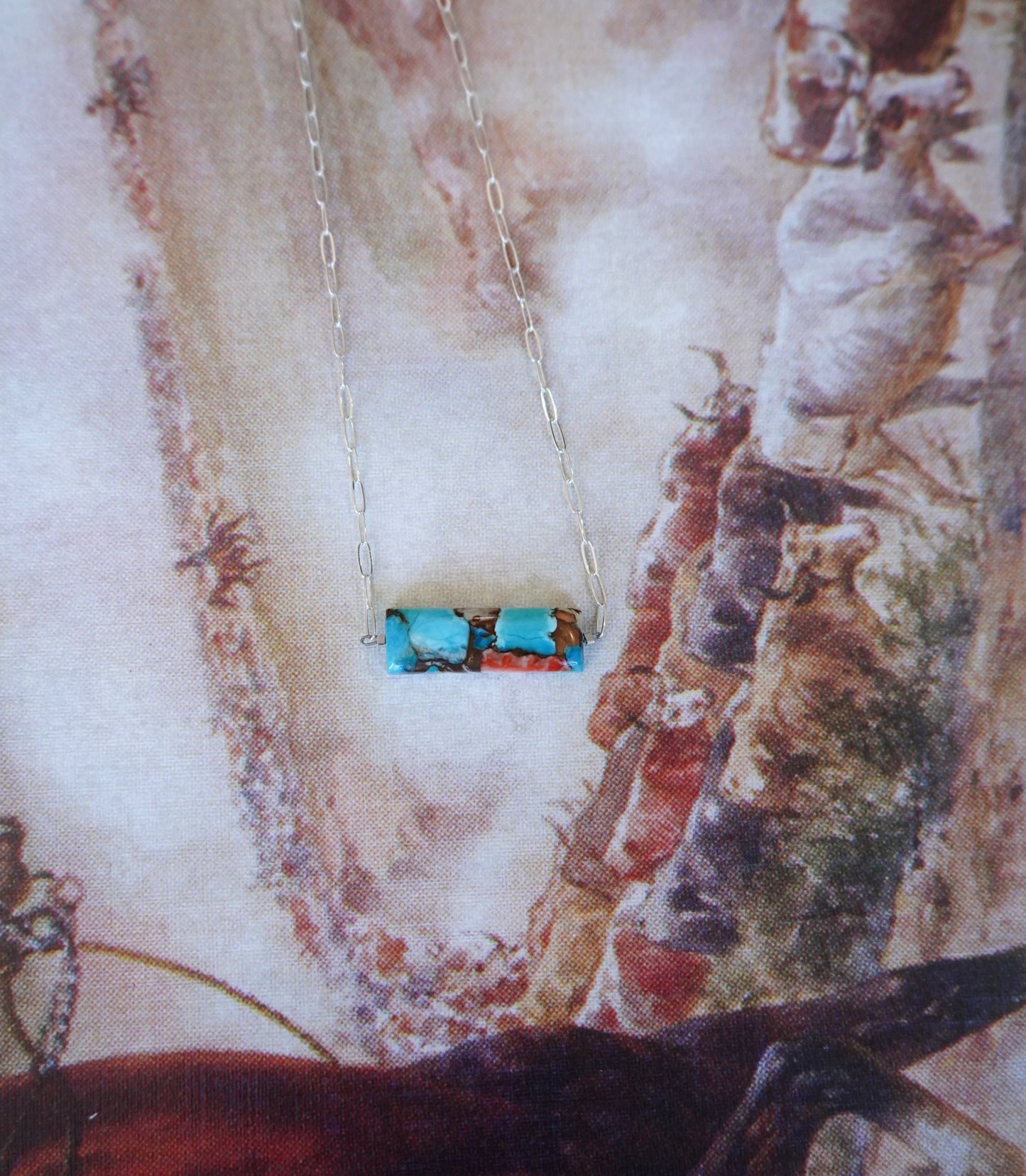 Dainty Turquoise & Orange Spiny Bars on Paperclip Chain Necklaces