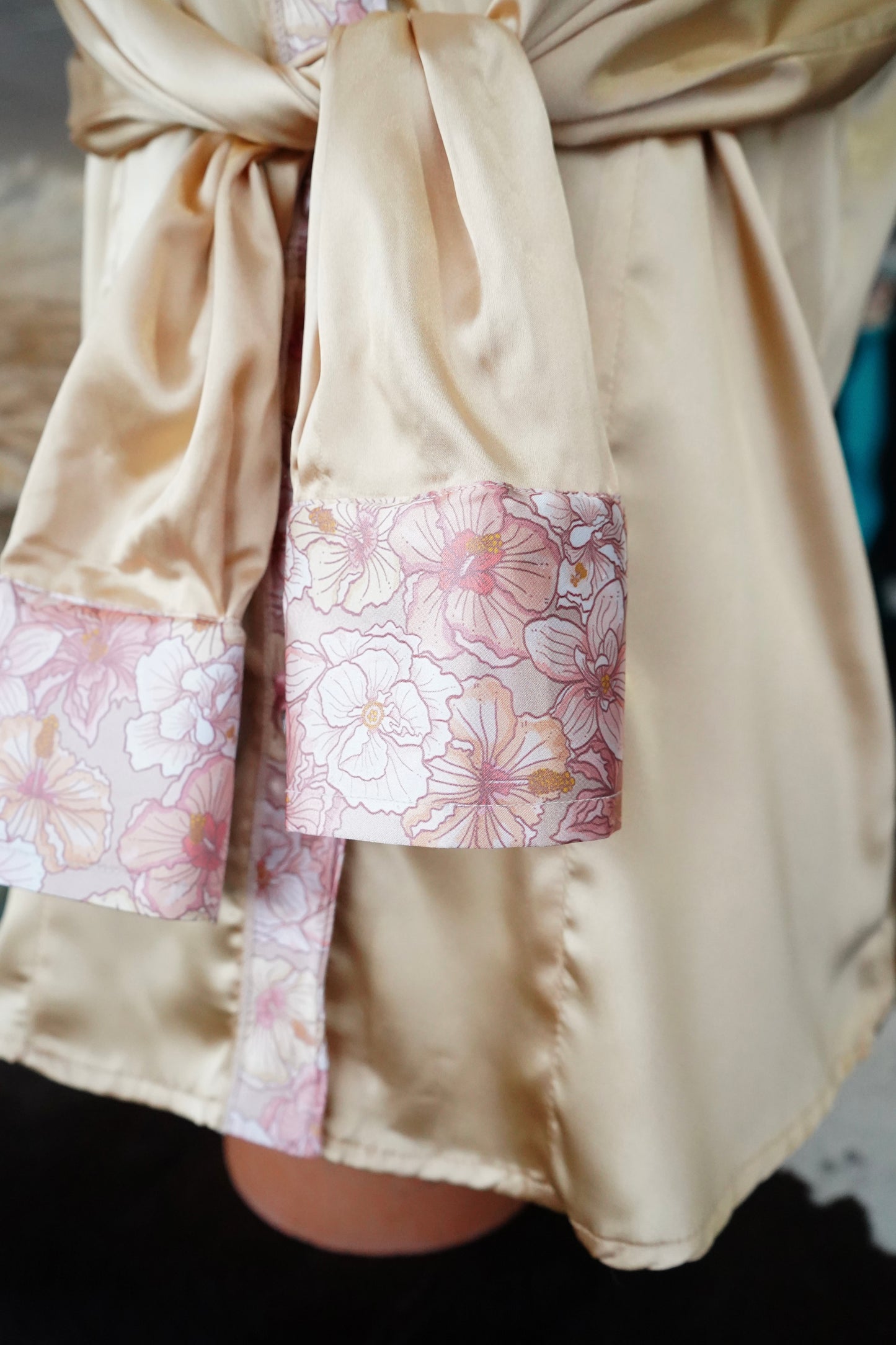 L - Pastel Hibiscus on Gold Satin Button Down