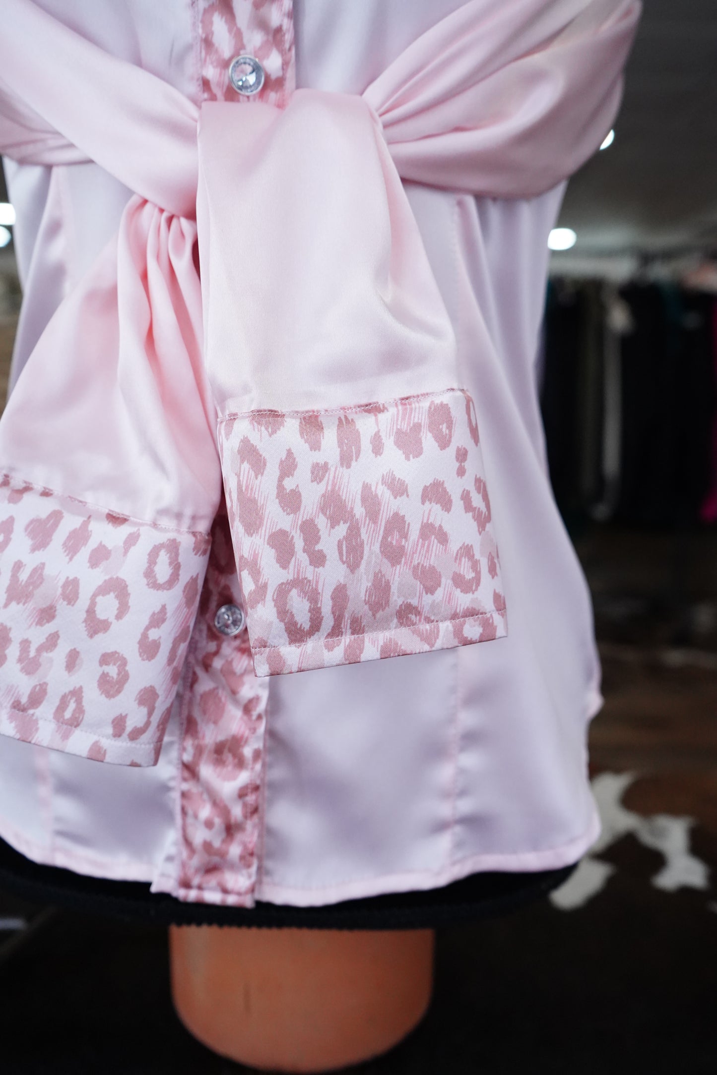 S - Blush Cheetah on Light Pink Satin Button Down