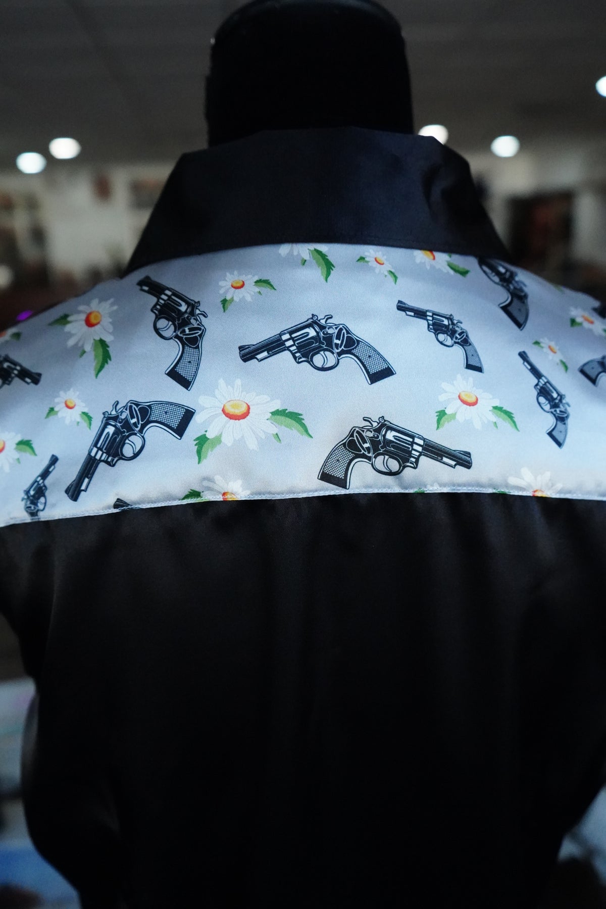 L - Pistols & Daisies on Black Satin Button Down