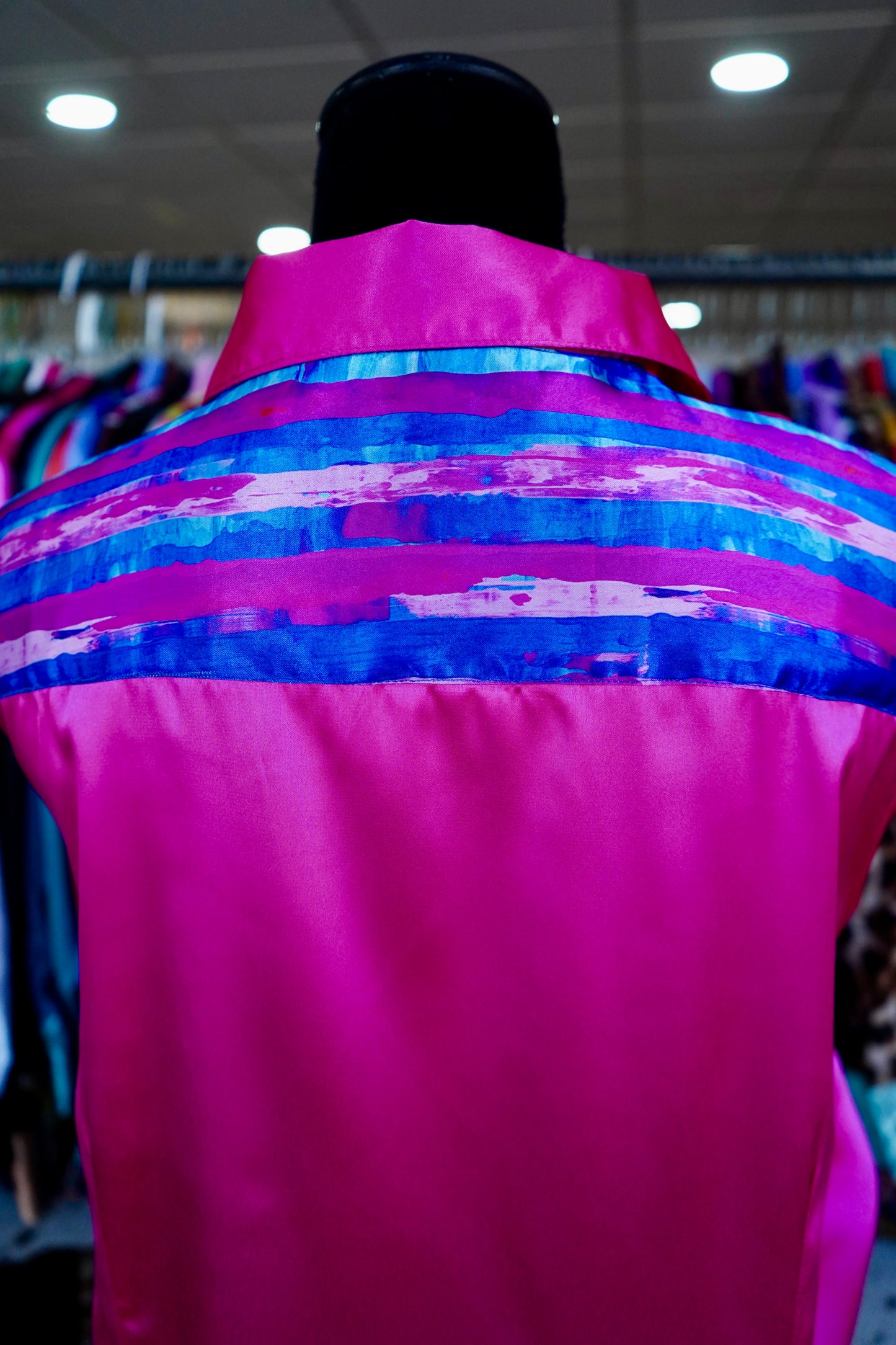 3XL - Pink & Blue Brushstrokes on Pink Satin Button Down