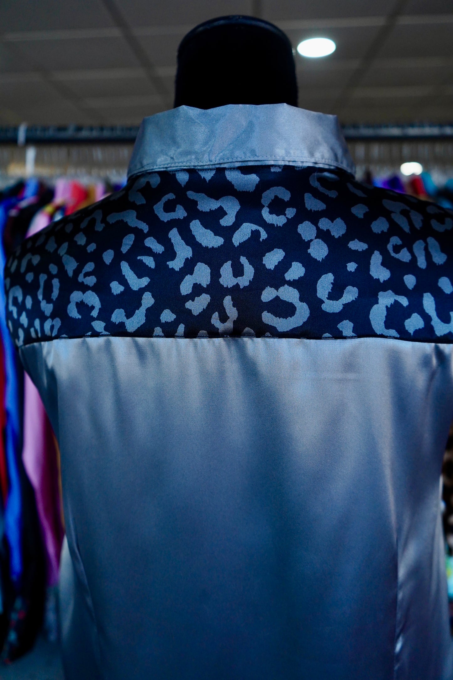 3XL - Black & Grey Cheetah on Silver Satin Button Down
