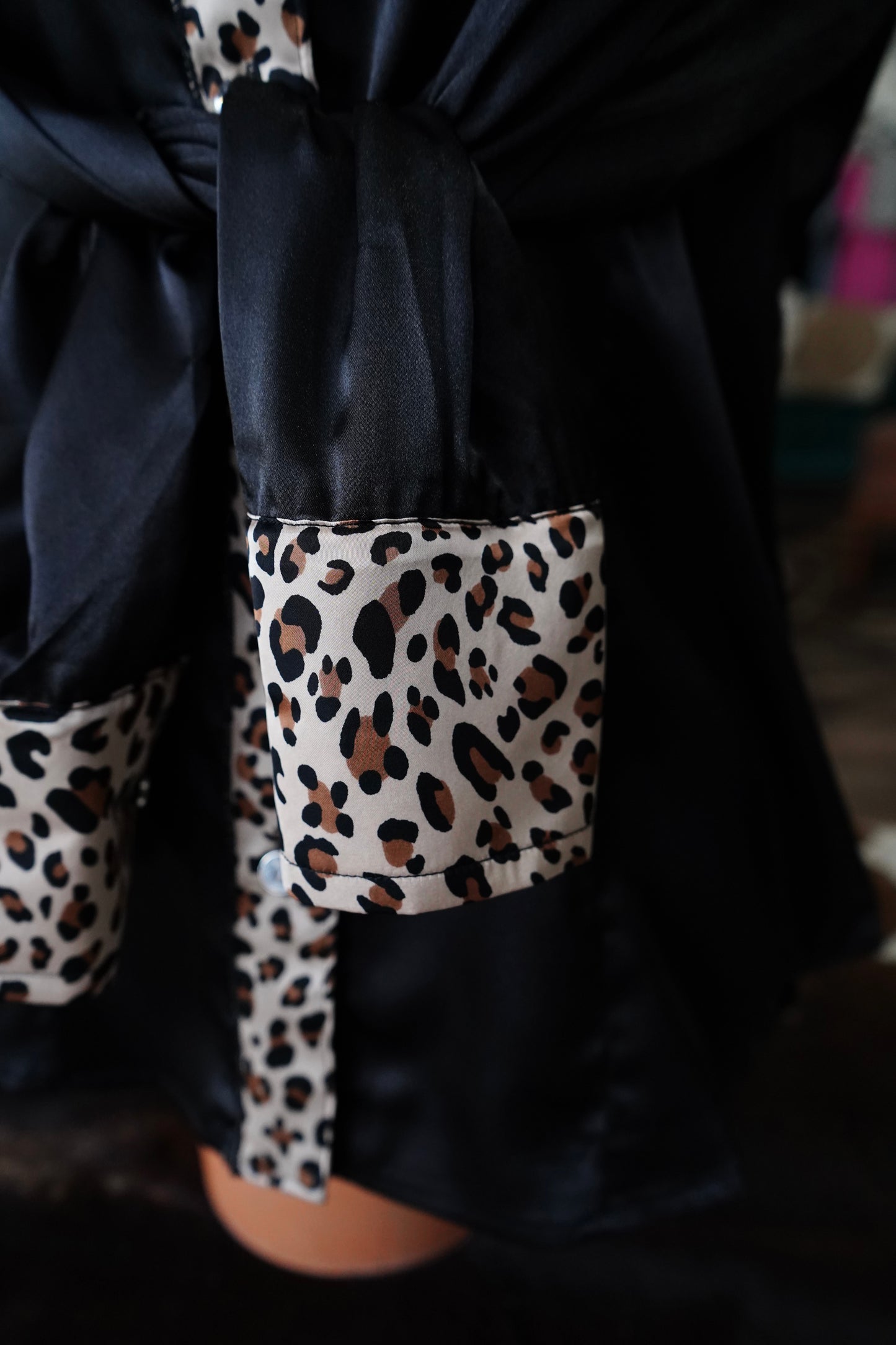 L - Cheetah on Black Satin Button Down