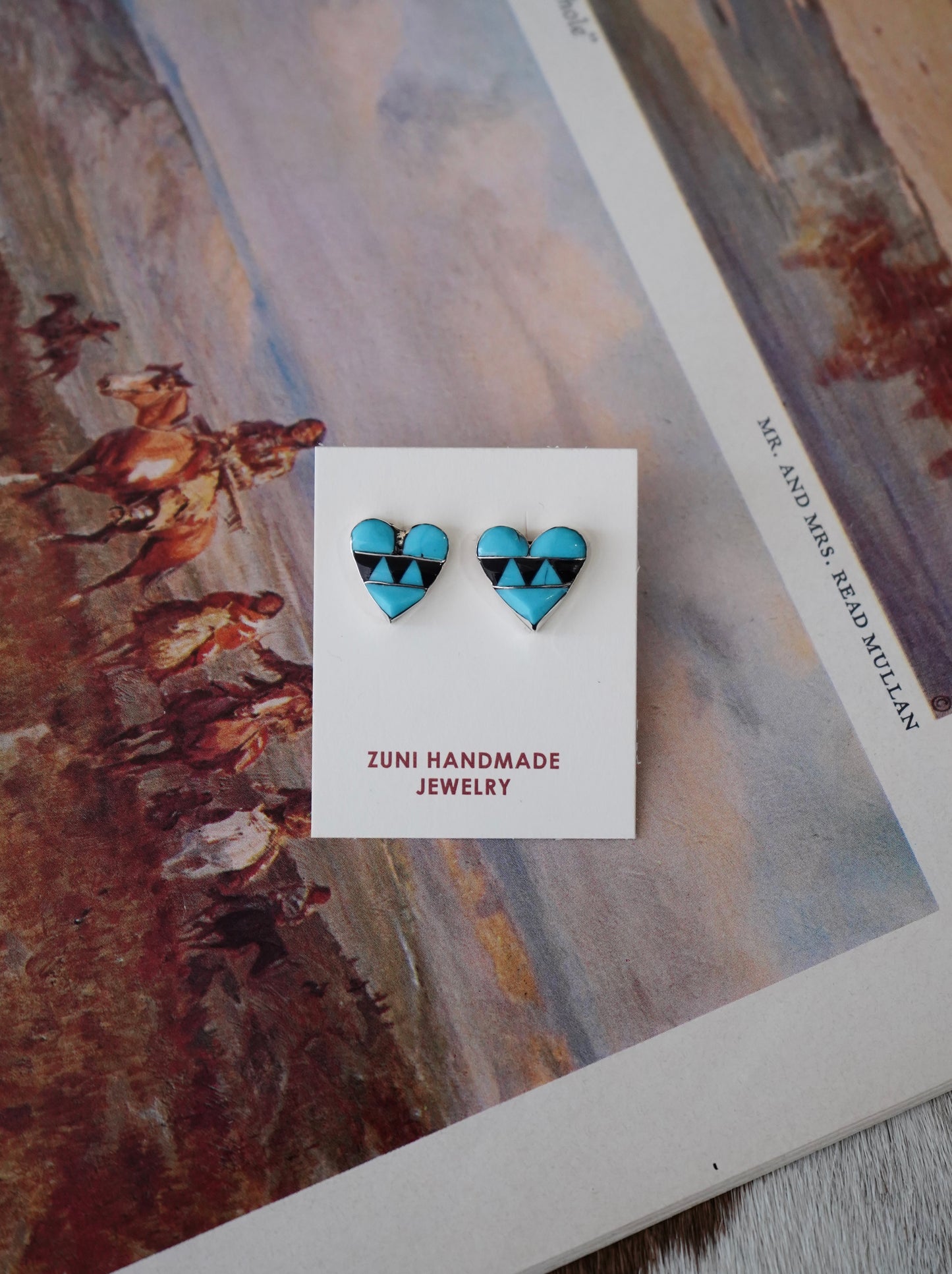 Clayton Vacit Zuni Inlay Turquoise & Black Onyx Heart Stud Earrings