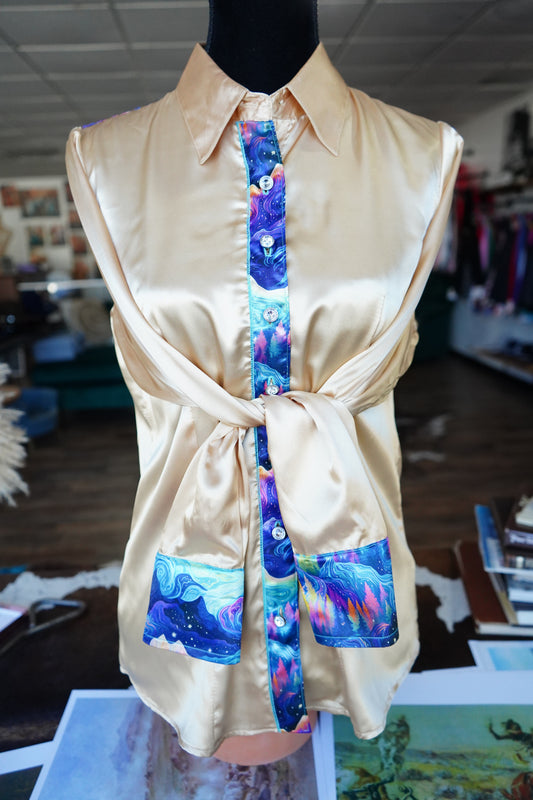 L - Mystic Mountains on Gold Satin Button Down