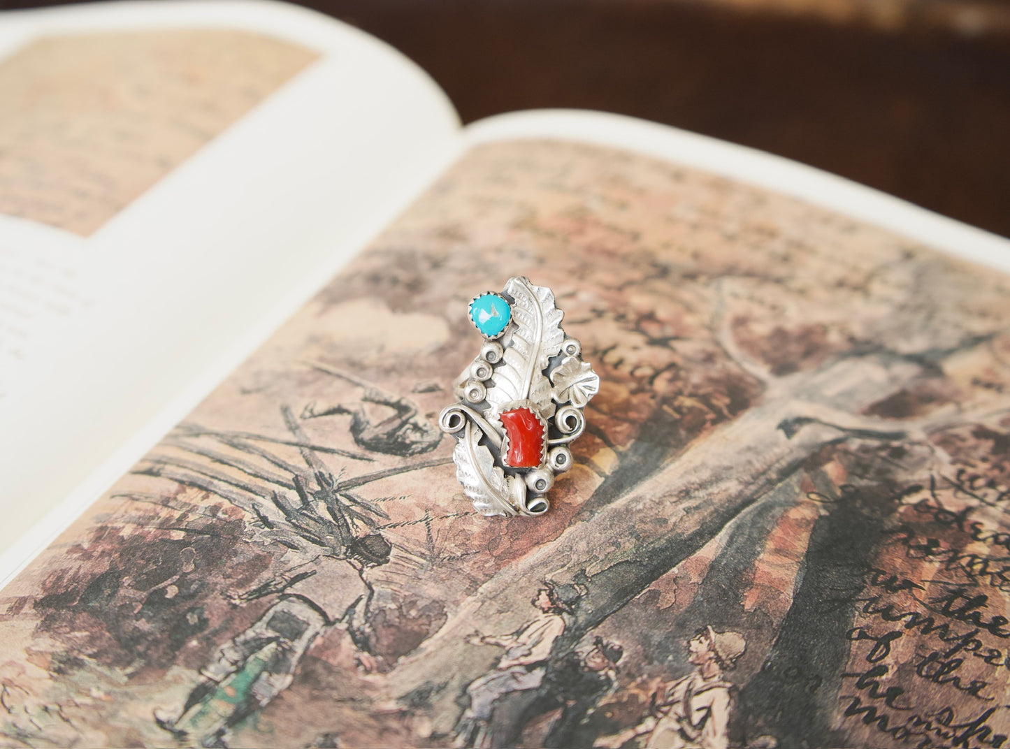 Vintage Turquoise & Coral Silver Ring Sz. 8.5