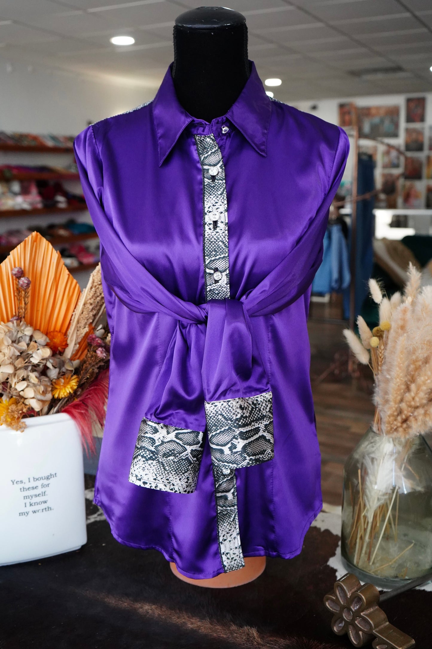 L - Purple Satin w/ Snakeskin Button Down