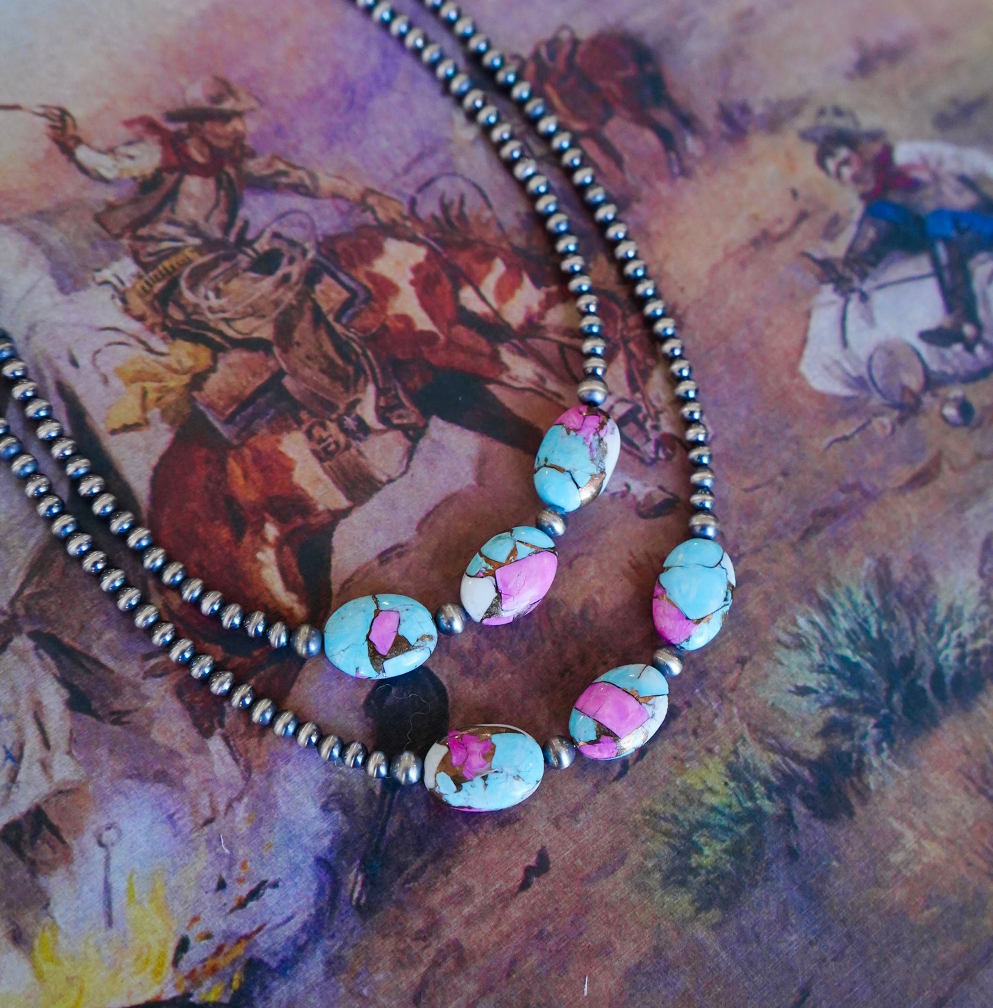 3 Stone Cotton Candy on Sterling Silver Pearls Necklace - 16”