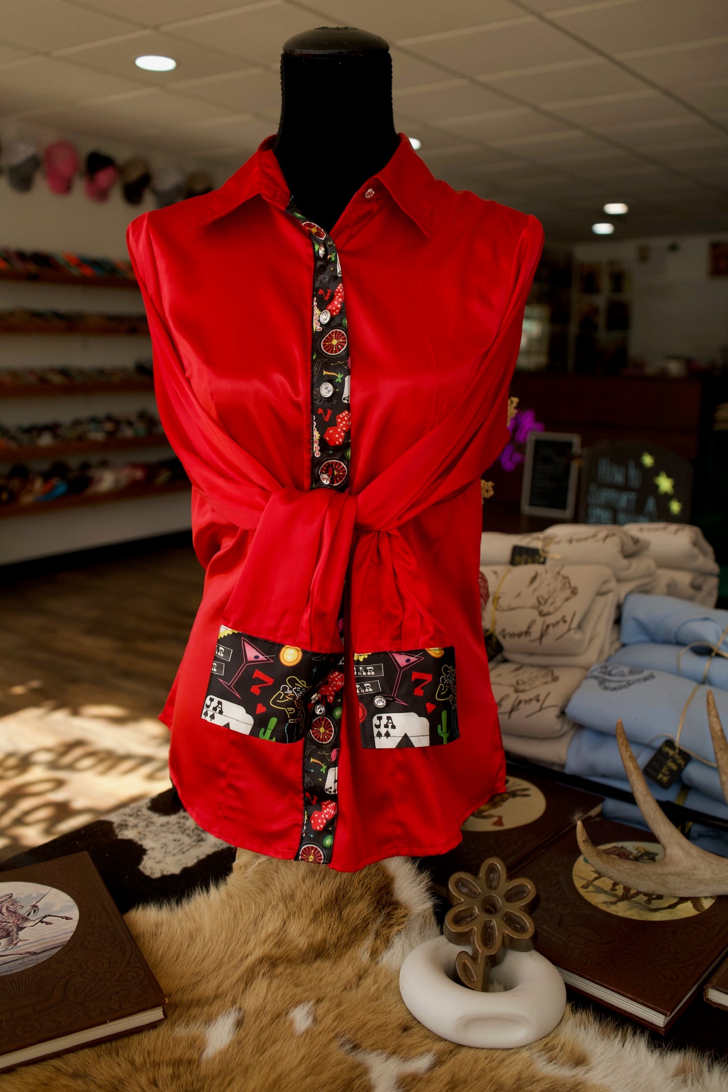 2XL - Vegas on Red Satin Button Down