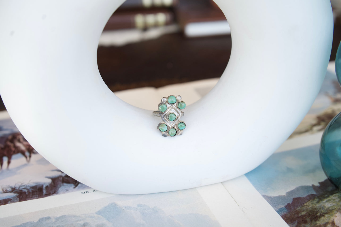 Vintage Cluster Green Turquoise Ring Sz. 5.75